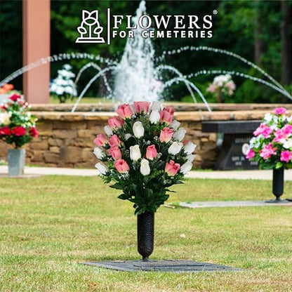 Artificial Cemetery Flowers - Gravesite Flowers - Cream Pink Roses - color: Cream and White Roses, size: (1) Bouquet