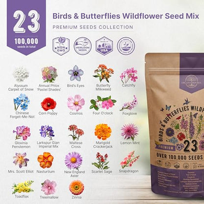 Organo Republic 23 Wildflower Seeds Annual & Perennial Mix for Indoor & Outdoors, Attract Birds & Butterflies 100,000+ Non-GMO, Heirloom Garden Seeds, 4oz Packet for Growing Wild Flowers