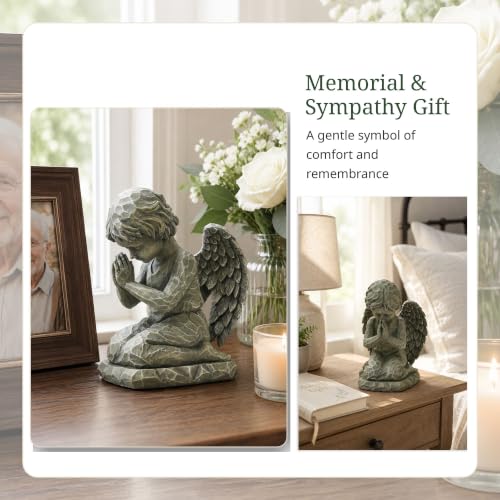 Praying Angel Figurine, 7.3 Inch Resin Angel Statue for Memorial Gifts, Sympathy Gifts, Indoor Home Decor, Garden Accent, Stone-Look Angel Sculpture for Tabletop, Shelf, Mantel, Bedroom