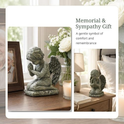 Praying Angel Figurine, 7.3 Inch Resin Angel Statue for Memorial Gifts, Sympathy Gifts, Indoor Home Decor, Garden Accent, Stone-Look Angel Sculpture for Tabletop, Shelf, Mantel, Bedroom