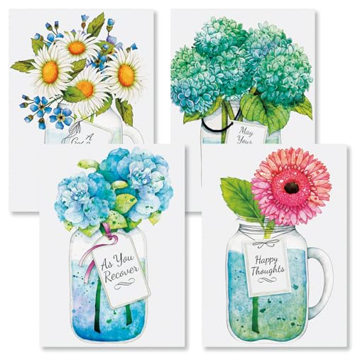 Current Mason Jar Get Well Greeting Cards - Set of 8 (4 Designs), Large 5" x 7", Sympathy Cards with Sentiments Inside, White Envelopes - color: Mason Jar