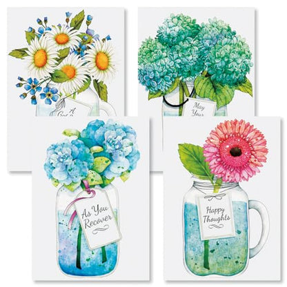 Current Mason Jar Get Well Greeting Cards - Set of 8 (4 Designs), Large 5" x 7", Sympathy Cards with Sentiments Inside, White Envelopes - color: Mason Jar