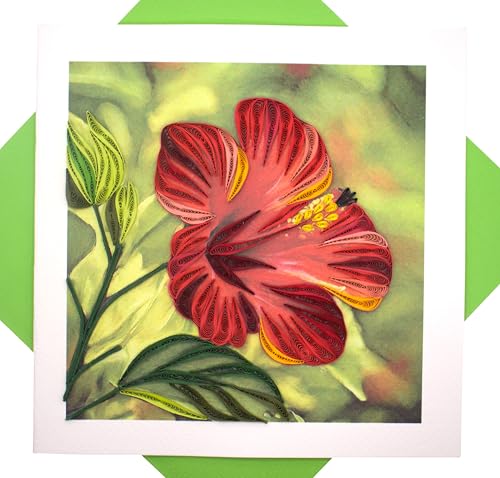 GREENHANDSHAKE Hibiscus Flower, quilling art greeting card for birthday, valentine's day, mother's day, anniversary, thank you, get well, 6" x 6" - style: Hibiscus Flower