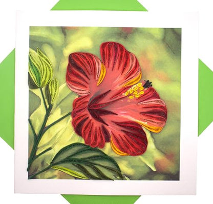 GREENHANDSHAKE Hibiscus Flower, quilling art greeting card for birthday, valentine's day, mother's day, anniversary, thank you, get well, 6" x 6" - style: Hibiscus Flower