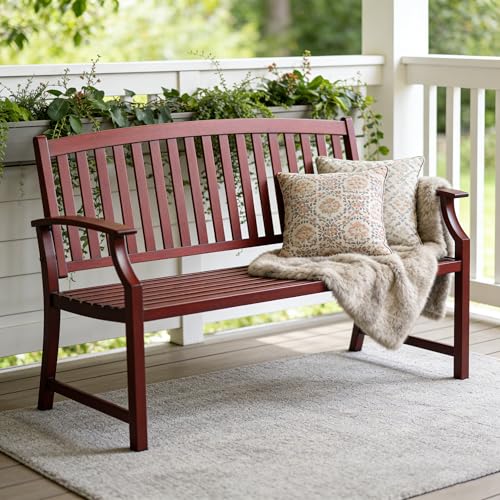 Grand patio 52" Farmhouse Outdoor Bench with Armrest, Red | Anti-rust Aluminum Frame, Faux Wood Grain Finish, for Front Porch, Yard, Park, Garden - color: Wine Red