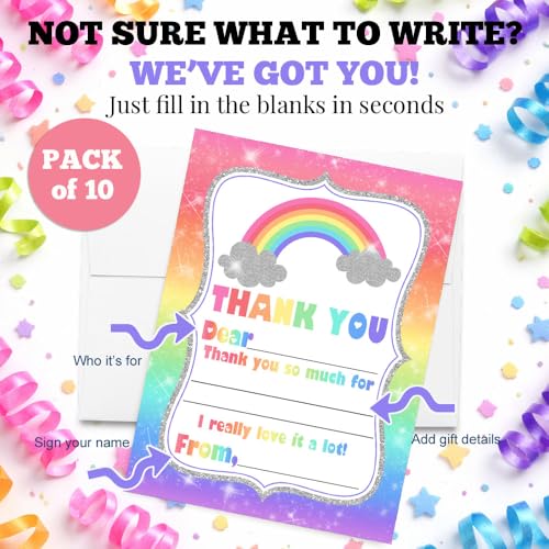 Rainbow Sparkle Thank You Notes for Kids, Ten 4" x 5.5" Fill In The Blank Cards with 10 White Envelopes by AmandaCreation - style: Rainbow Sparkle