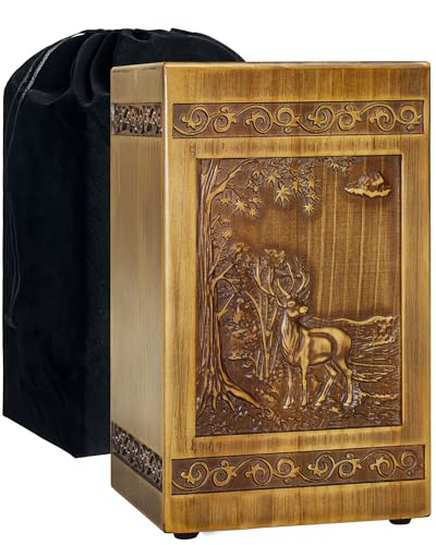 Wooden Cremation Urns for Human Ashes Adult Male Female Deer Carving Handmade Wood Funeral Decorative Memorial Urn Box, Holds 270 Cubic Inch