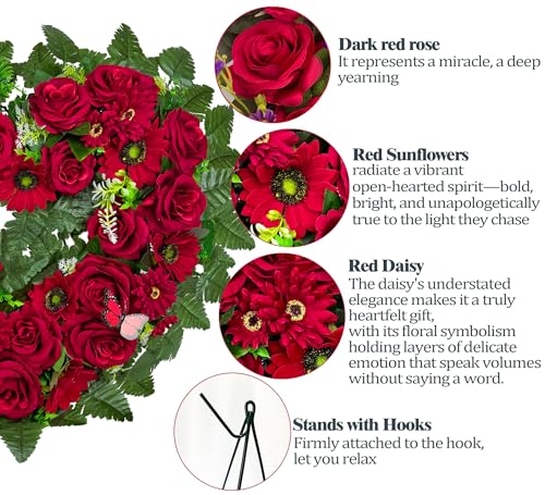 Cemetery Wreaths - Ebullient Remembrance Standing Heart, Grave Wreath with 30 Inch Easel Stand,Memorial Floral-Red Rose