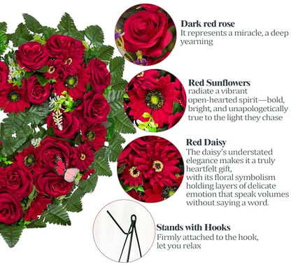 Cemetery Wreaths - Ebullient Remembrance Standing Heart, Grave Wreath with 30 Inch Easel Stand,Memorial Floral-Red Rose