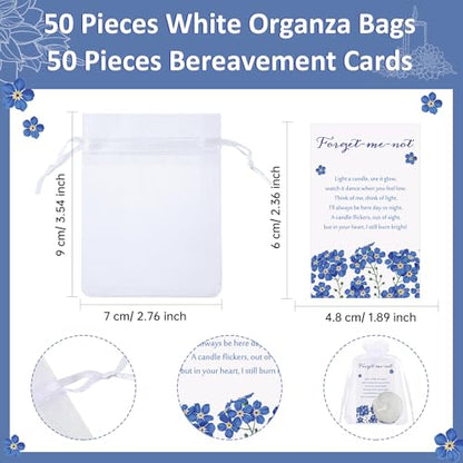 Coume 50 Set Funeral Party Favors Memorial White Candles Unscented Funeral Gifts Tealight Candles with Condolence Bereavement Cards, Organza Bags for Guest Celebration of Life Decorations (Melancholy) - style: Melancholy