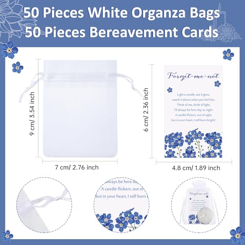 Coume 50 Set Funeral Party Favors Memorial White Candles Unscented Funeral Gifts Tealight Candles with Condolence Bereavement Cards, Organza Bags for Guest Celebration of Life Decorations (Melancholy) - style: Melancholy