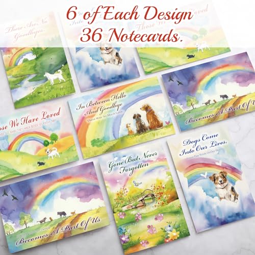 Geyoga 36 Set Pet Sympathy Card with Envelope Bulk, Rainbow | Dog Cat Bereavement Greeting Cards, Thoughtful Condolence Sympathy Gifts for Pet Loss, Soft Comforting Watercolor Designs - color: Rainbow