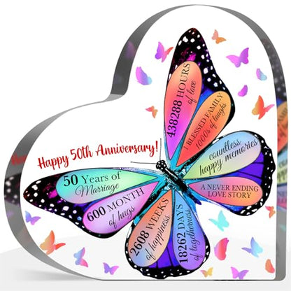 50th Anniversary Butterfly Acrylic Sign, 4" x 4" Heart-Shaped Decorative Sign for Him Her Couples, Gift, Special Occasions - style: 50th Anniversary