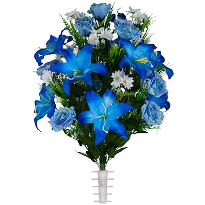 Sympathy Silks Artificial Cemetery Flowers - Gravesite Flowers - Blue Lily and Rose with White Daisies - color: Blue, size: Bouquet