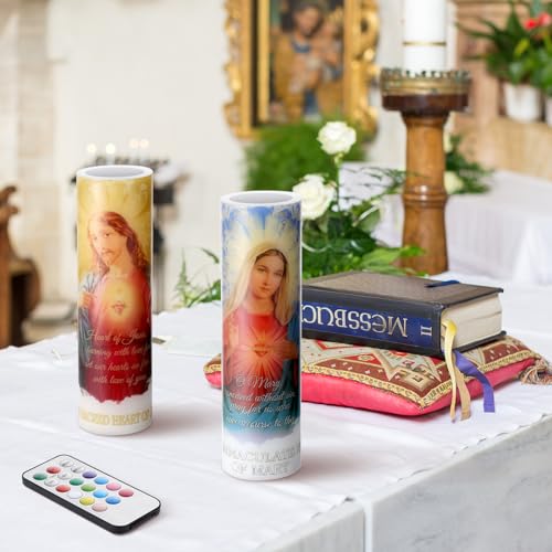 Landhoow Immaculate Heart of Mary and Sacred Heart of Jesus 2 LED Candle | Flameless Wax ,Religious LED Prayer Candles, Battery Operated Remote, Safe for Baptism Church Home Altar - style: Immaculate Heart of Mary and Sacred Heart of Jesus