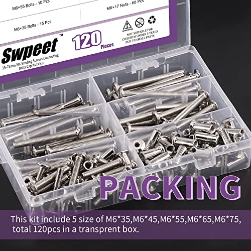 Swpeet 120Pcs M6x35mm/45mm/55mm/65mm/75mm Nickel Plated Sliver Hex Drive Socket Cap Bolts Barrel Nuts Kit with 1Pcs Allen Wrench, Screw Post Fit for Furniture Countsunk Belt Leather Binding Bolts - size: 35mm-75mm Assortment Kit
