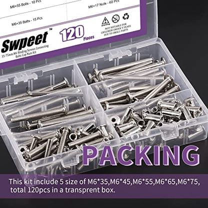 Swpeet 120Pcs M6x35mm/45mm/55mm/65mm/75mm Nickel Plated Sliver Hex Drive Socket Cap Bolts Barrel Nuts Kit with 1Pcs Allen Wrench, Screw Post Fit for Furniture Countsunk Belt Leather Binding Bolts - size: 35mm-75mm Assortment Kit