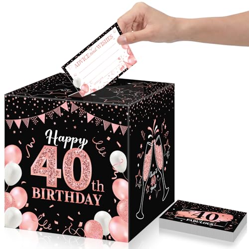 Funrous 40th Birthday Party Message Card Box Black Rose Gold Advice and Wishes Greeting Card Box for Men Women Happy 40th Birthday Decorations Party Supplies Anniversary Tables Sign Decor - color: Rose Gold, style: 40th Birthday