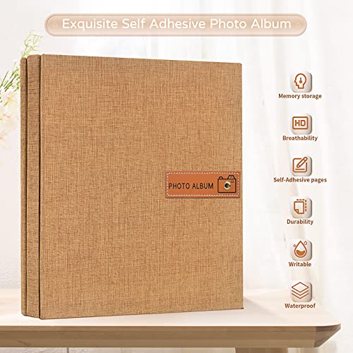 Popotop Large Photo Album Self Adhesive 4x6 5x7 8x10 Scrapbook Album DIY Picture Book,Gifts for Mom,Family Baby and Wedding,with Metal Pen and Plastic Board - color: Dark khaki, size: 11.5"x10.6"40pages