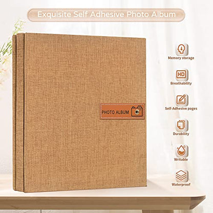 Popotop Large Photo Album Self Adhesive 4x6 5x7 8x10 Scrapbook Album DIY Picture Book,Gifts for Mom,Family Baby and Wedding,with Metal Pen and Plastic Board - color: Dark khaki, size: 11.5"x10.6"40pages