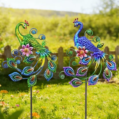 2 Pack Peacock Metal Garden Stakes 29.5in Rustproof Yard Art Outdoor | UV-Protective Coating、Embossed Scrollwork、Outdoor Use、Artisan-Crafted、Timeless Elegance - color: Peacock Ground Stake
