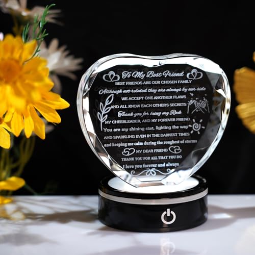 YWHL Best Friend Birthday Gifts with LED Base Crystal Heart Keepsakes Friendship Gifts for Women Best Gift Ideas for Bestie Friends Female BFF Gift for Her - style: Best Friend Gifts+LED Style 2