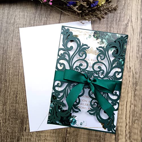 25PCS Laser Cut Wedding Invitations Cards with Envelopes,Blank Inner Sheets,Ribbons for Wedding Bridal Shower Quinceañera Engagement Birthday Invites (pearl emerald green) - color: pearl emerald green