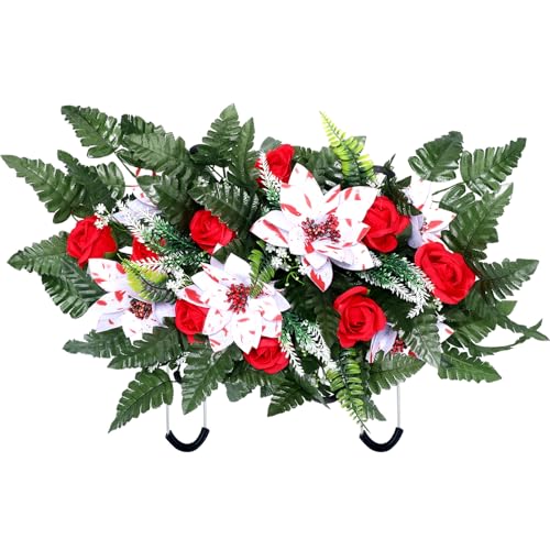 Thiccywoov Cemetery Headstone Flower Saddle Decoration Christmas with Artificial Poinsettias and Red Roses as a Saddle Memorial Flowers for Outdoor Tombstone Headstone Decorations