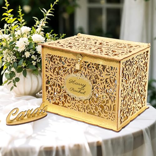 OurWarm Glittery Gold Wedding Card Box with Lock, Wood Gift Card Box for Wedding Reception, Envelope Box for Party Graduation Birthday Baby Shower Decorations - style: Glittery Gold