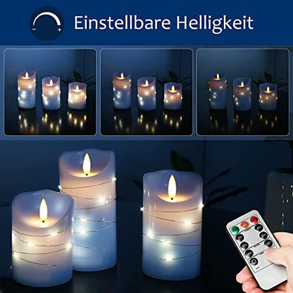 danip Sky Blue LED Flameless Candle, with Embedded Star String, 3-Piece Set of LED Candles, with 11 Button Remote Control, 24-Hour Timer Function, Dancing Flames, Real Wax, Battery Powered. - color: Sky BlueZ#1*3