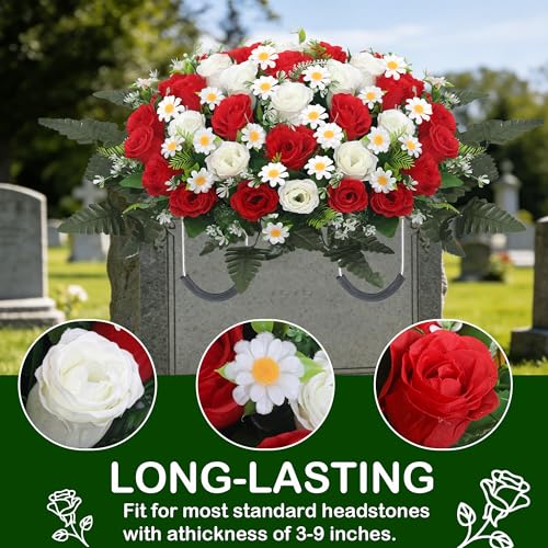 Wocst Headstone Flower Saddle,Large Artificial Cemetery Flowers for Grave Artificial Roses Daisy Saddle for Cemetery Headstone (Red) - color: Red