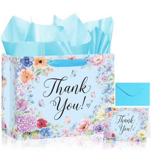 Thank You Gift Bag Floral Blue for Wedding Teacher Birthday Party Supplies | Thank You Gift Bag Set loral Gift Bag with Card for Business Retirement Wedding Bridal Shower Baby Shower - color: Blue