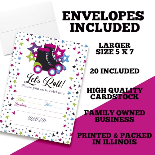 Let’s Roll Star Roller Skating Birthday Party Invitations, 20 5x7 Fill In Cards with Twenty White Envelopes by AmandaCreation - style: Let’s Roll Star Roller Skating
