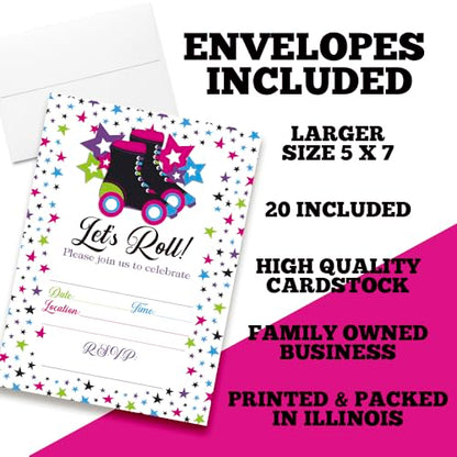 Let’s Roll Star Roller Skating Birthday Party Invitations, 20 5x7 Fill In Cards with Twenty White Envelopes by AmandaCreation - style: Let’s Roll Star Roller Skating