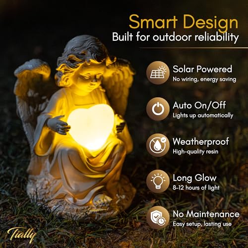 TIALLY Solar Angel Garden Statue with Heart, 12" Memorial Light Up Angel | Glowing Lighted Heart Bright Every Night, Weatherproof Resin Built to Last - a Sympathy Garden Gift for Women, Mom and Dad - size: Large