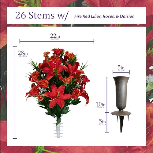 Sympathy Silks Artificial Cemetery Flowers - Gravesite Flowers - Fire Red Lily, Rose, and Daisies - (1) Headstone Flower Saddle & (2) Matching Bouquet (2) Cemetery Vase Included - color: Fire Red, size: (1) Saddle (2) Bouquet (2) Vase