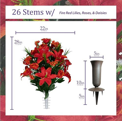 Sympathy Silks Artificial Cemetery Flowers - Gravesite Flowers - Fire Red Lily, Rose, and Daisies - (1) Headstone Flower Saddle & (2) Matching Bouquet (2) Cemetery Vase Included - color: Fire Red, size: (1) Saddle (2) Bouquet (2) Vase