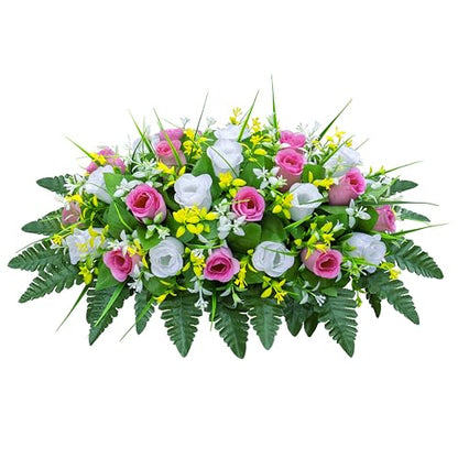 LVXINLI Artificial Cemetery Flowers Saddle-Shaped Tombstone Decorations Non-Fading UV-Resistant（Pink+White Saddle ） - color: Pink+white Saddle