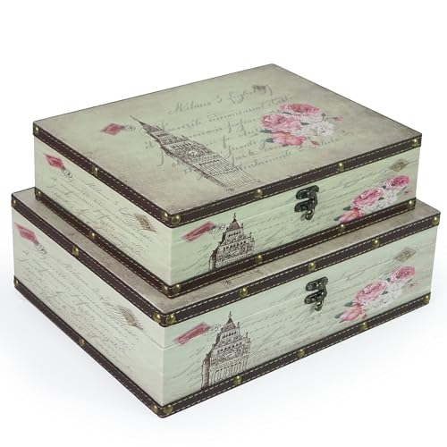 DreamsEden Set of 2 Vintage Decorative Wooden Boxes - Nesting Keepsake & Memory Chest, Romantic Storage Container for Jewelry, Photos, Crafts - color: Romantic Timeless Style