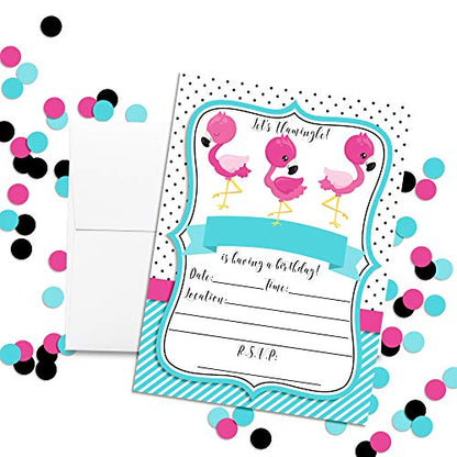 Pink and Turquiose Flamingo Birthday Party Invitations, 20 5x7 Fill In Cards with Twenty White Envelopes by AmandaCreatio - style: Pink and Turquiose Flamingo
