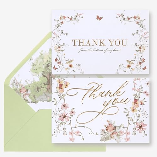 NUOERP Blank Thank You Cards With Envelopes, 30 Pack - 2 Elegant Floral Foil Wedding Thank You Cards With Envelopes - For Baby Shower, Graduation & Business Notes - Blank Inside - color: Green Floral Gold Foil