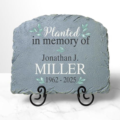 Let's Make Memories Personalized Memorial Garden Stone - Sympathy - Loss of Loved One - Grave Marker - Condolences - Indoor/Outdoor - Durable Resin - Planted in Love - style: Planted in Memory - Green Leaves