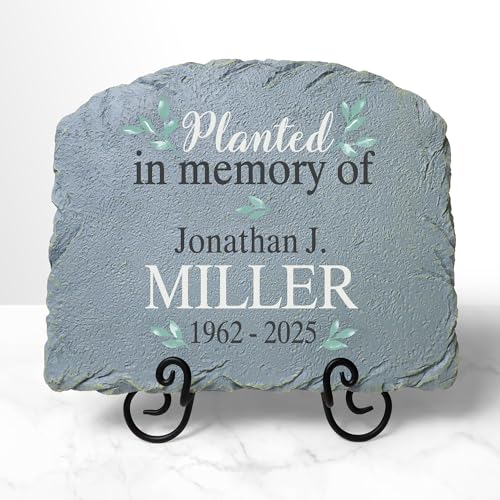Let's Make Memories Personalized Memorial Garden Stone - Sympathy - Loss of Loved One - Grave Marker - Condolences - Indoor/Outdoor - Durable Resin - Planted in Love - style: Planted in Memory - Green Leaves