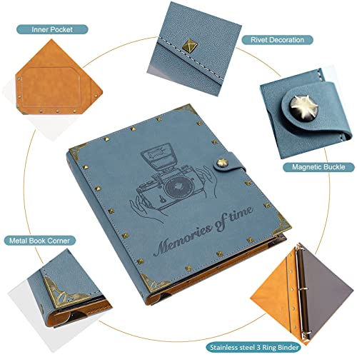 ZEEYUAN Leather Scrapbook Album 60 Pages Love Memory Photo Album 8.5x11 inch, Travelling Journal Scrap Book Family Scrapbook Scrapbooking Supplies Kits Gift for Couples Anniversary Wedding - color: Grayish-blue