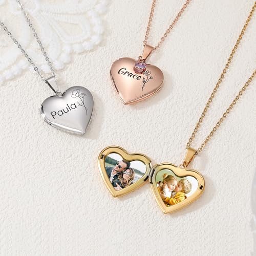 Personalized Heart Locket Necklace for Women with Picture Custom Inside Engraved Text Silver/Gold/Rose Gold Photo Locket Stainless Steel Memorial Gifts for Mom Daughter Grandmother - color: F1: Silver