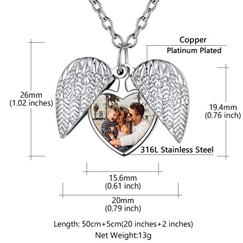 Custom4U Personalized Heart Locket Necklace with Pictures,Sunflower/Angel Wings/Heart Shaped Lockets Custom Photo,Gold/Rose Gold/White Lockets That Holds Picture,Customized Memorial Jewelry for Women - color: C-Angel Wings-Steel(Locket + Photo + Engraving