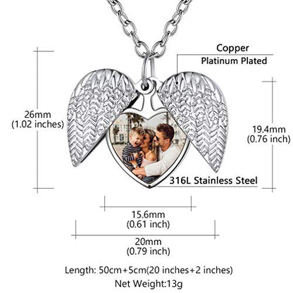 Custom4U Personalized Heart Locket Necklace with Pictures,Sunflower/Angel Wings/Heart Shaped Lockets Custom Photo,Gold/Rose Gold/White Lockets That Holds Picture,Customized Memorial Jewelry for Women - color: C-Angel Wings-Steel(Locket + Photo + Engraving