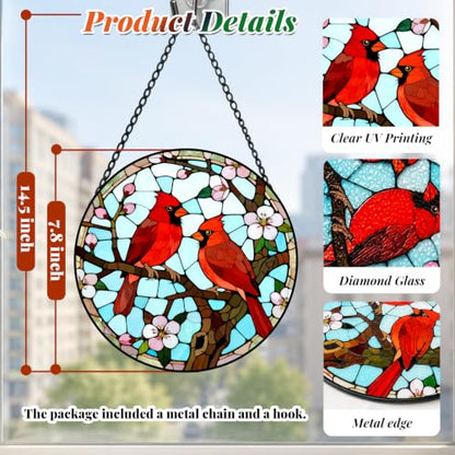 Cardinal Pair Stained Glass Suncatcher Window Hanging Bird Memorial Gift - color: Cardinals, size: 7.8x7.8 IN