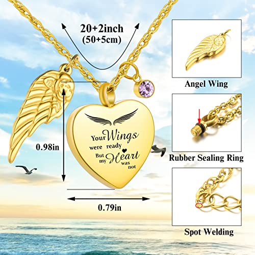 Dletay Heart Urn Necklace for Ashes with 12 Birthstones Cremation Jewelry for Ashes -Your Wings Were Ready My Heart Was Not - color: Your wings-Gold