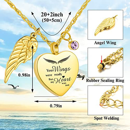 Dletay Heart Urn Necklace for Ashes with 12 Birthstones Cremation Jewelry for Ashes -Your Wings Were Ready My Heart Was Not - color: Your wings-Gold